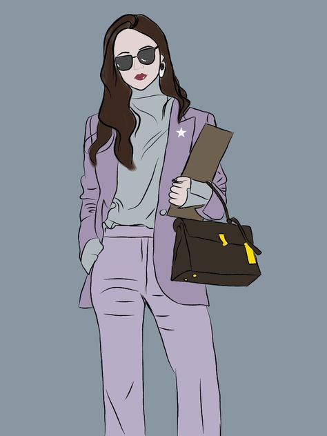 She is wearing black goggles, purple suit with a silver greyish shirt inside holding a file and her Meath purse. Business Women Anime, Vincenzo Illustration, Vincenzo Sketch, Ceo Drawing, Boss Woman Illustration, Boss Lady Illustration, Kdrama Vincenzo, Animated Women, Mother Daughter Art