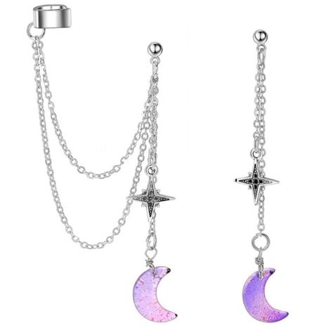 “Ombre Moon” Pink & Purple Gold Flakes Flecks Crescent Marcasite Star Celestial Galaxy Universe Astronomy Astrology Sky Cosmos Dripping Looped Chains Asymmetrical Mismatched Ear Cuff Silver Stainless Steel Stud Post Dangle Earrings. Wonderful Pink & Purple Ombre Crescent Moons With Sparkly Gold Fleck Inclusions & 8 Point Marcasite Encrusted Stars Dangle From Their Individual Tiered Chains Attached To A Silver Ball Post. One Earring Is Asymmetrical With 2 Looped Dangling Chains Attached To An Ear Magic Accessories Jewelry, Space Themed Jewelry, Star Core Outfits, Moon Inspired Outfits, Celestial Accessories, Galaxy Clothing, Moon Clothes, Moon And Star Jewelry, Purple Fashion Outfit