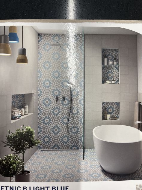 Blue Patterned Tile, Timeless Bathroom Design, Hall Tiles, Small Master Bath, Patterned Bathroom Tiles, Style Tiles, Patterned Tile, Timeless Bathroom, Small Bathroom Design