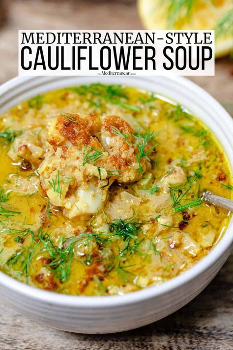 This cauliflower soup with cumin, turmeric, paprika, fresh dill, and whole milk is a lighter flavor-rich approach to roasted cauliflower soup. No heavy cream needed. Roasted Cauliflower Soup, Cauliflower Soup Recipes, The Mediterranean Dish, Easy Mediterranean Diet Recipes, Cauliflower Soup, Easy Soups, Easy Soup Recipes, Fresh Dill, Mediterranean Diet Recipes