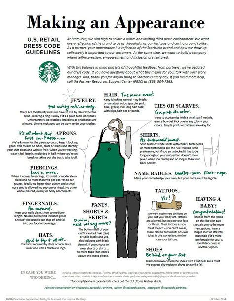 New Starbucks Barista Dress Code: Yes to Tattoos. Yes to Black Jeans. Begins 10/20. - StarbucksMelody.comStarbucksMelody.com Thermomix, Starbucks Closing Checklist, Working At Starbucks Outfits, Starbucks Dress Code Outfits, Starbucks Interview, Starbucks Dress Code, Starbucks Training, Waitressing Tips, Starbucks Barista Training