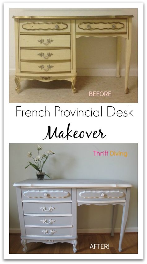 French Provincial Desk Makeover from Thrift Diving - This was a piece from the set in my bedroom growing up. Old Bedroom Furniture Makeover, French Provincial Desk Makeover, French Provincial Desk, French Provincial Bedroom, Old Bedroom, French Country Rug, Provincial Furniture, French Provincial Furniture, Bedroom Furniture Makeover