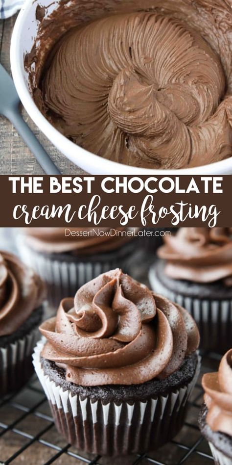 This is the BEST Chocolate Cream Cheese Frosting! Silky smooth and creamy, yet thick and sturdy enough for piping on cakes or cupcakes. It’s super easy to make and not too sweet. Chocolate Cream Cheese Frosting, Frosting Recipes Easy, Chocolate Frosting Recipes, Pie Pops, Cake Frosting Recipe, Dessert Aux Fruits, Cheesecake Cupcakes, Chocolate Cream Cheese, Cupcake Frosting