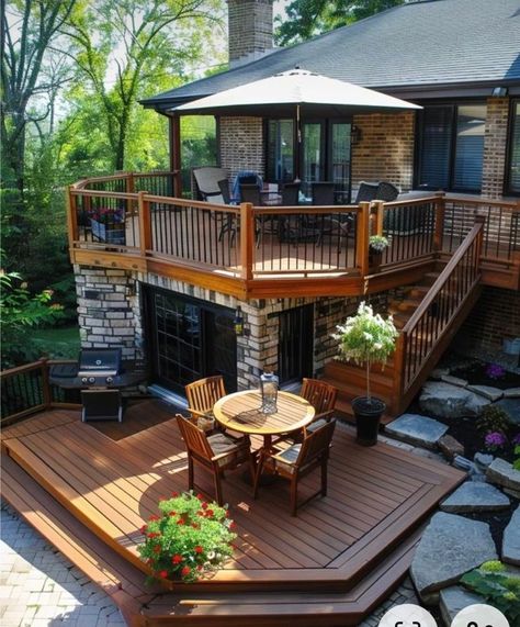 Double Deck Patio, Two Tier Patio, Decks Off Back Of House, Raised Ranch Deck Ideas, Houses With Decks, Top Deck Ideas, Lower Deck Patio Ideas, Upper Deck Ideas Second Story, Two Tier Deck Ideas