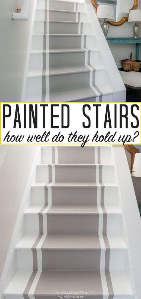 Pros and Cons of Painted Stairs! How do painted stair treads hold up over time? How durable are they? What type of paint should I use? All these questions and more answered! #paintedstairs #howtopaintstairs #DIYpaintedstairs #floorpaint #stairpaint #paintingstairs #stairpaint #stairpaintingideas #porchandfloorpaint #paintedstairstreads #paintingstairrisers #stairsmakeover #stairsideas #staircasemakeover #staircasepainted Stairway Paint Ideas, Painted Stairs Makeover, Paint Stairs Diy, Painted Wood Stairs, Paint Stairs, Stairway Makeover, Stairs Makeover Design, Stairs Diy, Diy Stairs Makeover