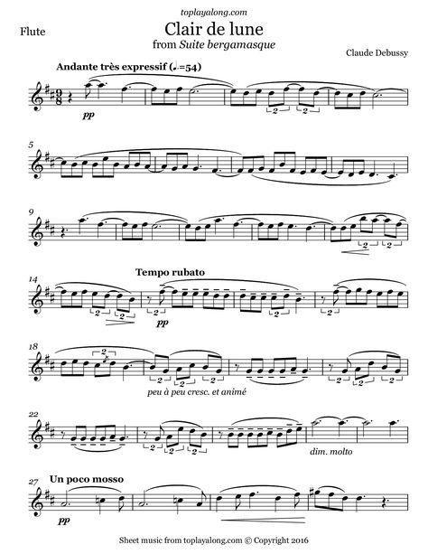 Clair de lune from Suite bergamasque by Debussy. Free sheet music for flute. Visit toplayalong.com and get access to hundreds of scores for flute with backing tracks to playalong. Free Flute Sheet Music, Free Violin Sheet Music, Alto Saxophone Sheet Music, Piano Songs Sheet Music, Cello Sheet Music, Trumpet Sheet Music, Clarinet Music, Clarinet Sheet Music, Saxophone Sheet Music