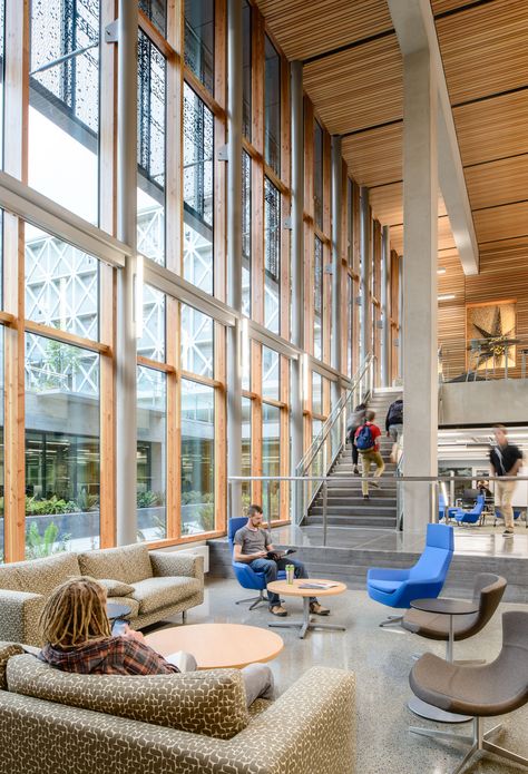 UO Allan Price Science Commons & Research Library - Opsis Architecture Library University, Library Architecture, Lobby Design, University Of Oregon, Study Rooms, Library Design, Modern Buildings, Commercial Design, Showcase Design