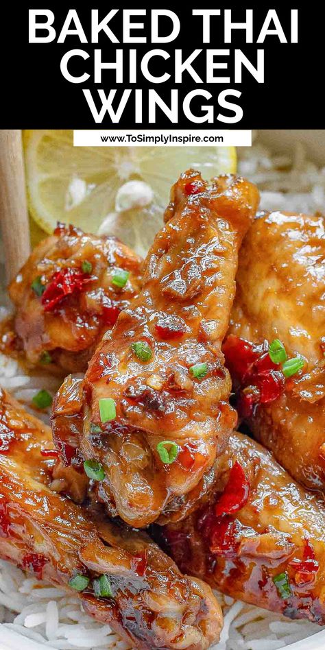 Thai chicken wings in a white bowl with rice. Baked Thai Chicken Wings, Thai Sweet Chili Wings, Thai Wing Sauce, Chili Garlic Chicken Wings, Asian Wings Recipe Oven Baked, Peach Wings Recipe, General Tso Chicken Wings, Recipes With Ginger Paste, Sweet Thai Chili Chicken Wings