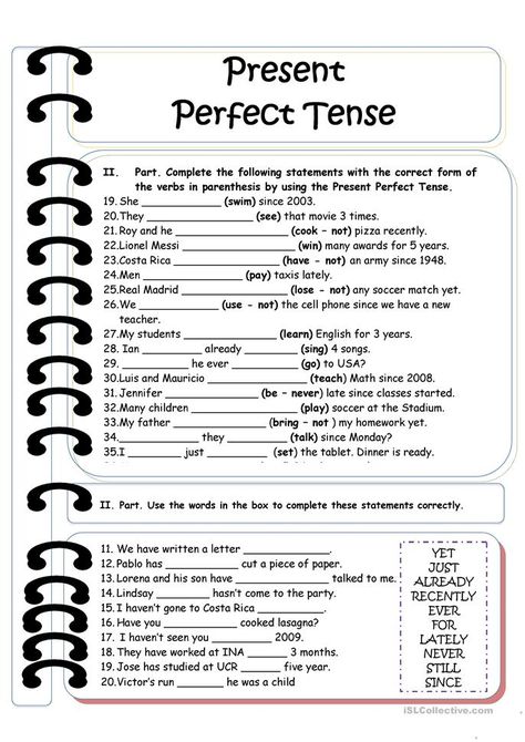 Present Perfect Tense Exercises, Simple Present Tense Worksheets, Tense Worksheet, Present Perfect Tense, Tenses Exercises, English Grammar Exercises, Esl Printables, Simple Present Tense, Perfect Tense