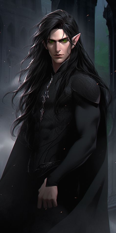 Black Haired Fae Male, Wood Elf Rogue Male, Male Elf Black Hair, Dark Fae Male, Dark Haired Elf, Eladrin Male, Elf Black Hair, High Elf Dnd, Wood Elf Male