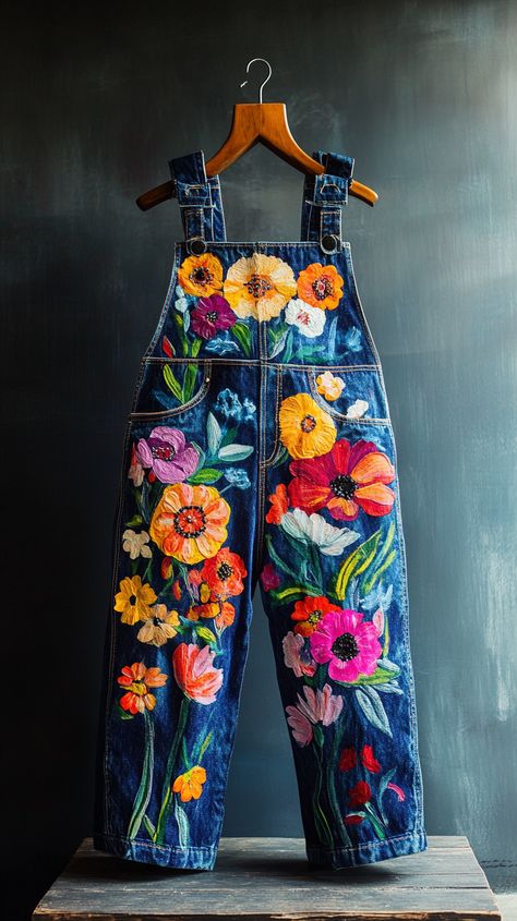 Hand-painted denim overalls featuring whimsical floral designs with vibrant colors, styled on a minimalist studio backdrop. Captured with a Canon EOS R5 and 50mm f/1.2 lens, natural lighting, high detail. Upcycled Overalls, Overalls Embroidered, Painted Overalls, Hand Painted Clothing, Painted Jeans, Painted Denim, Painted Clothes, Floral Fashion, Denim Overalls