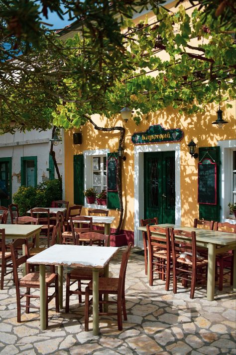 Greece Cafe Interior, Greek Cafe Aesthetic, Greek Cafe Interior Design, Greek Restaurant Interior, Open Cafe Outdoor Design, Greek Restaurant Design, Greek Coffee Shop, Greece Cafe, Mediterranean Cafe