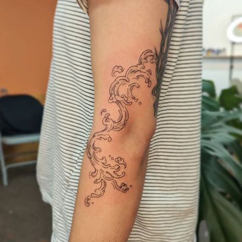 Cloud Elbow Tattoo, Abstract Elbow Tattoo, Elbow Fold Tattoo, He Would Love First Tattoo, Big Line Work Tattoo, Over The Elbow Tattoo, Outside Of Arm Tattoo, Love First Tattoo, Elbow Wrap Tattoo