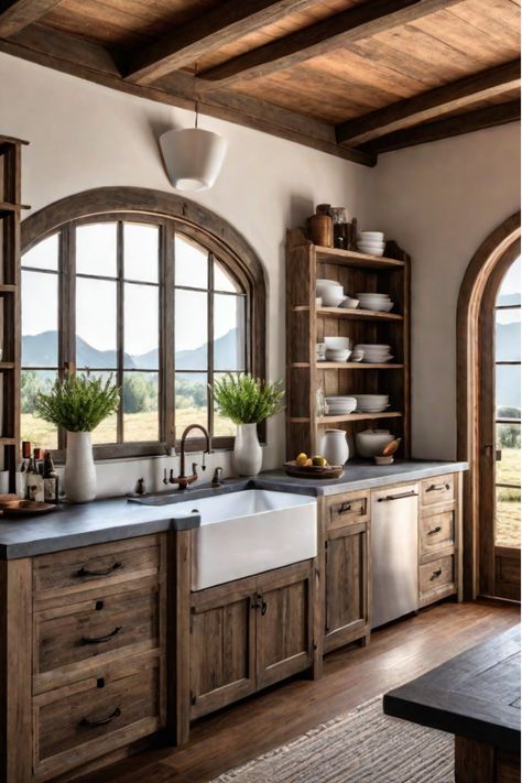 Rustic kitchen design with farmhouse sink and wooden cabinets Kitchen Cabinets Old Style, Rustic Hickory Kitchen Cabinets With Dark Countertops, Kitchen Sink Dresser Ideas, Cozy Kitchen Wood Cabinets, Rustic Brown Kitchen Cabinets, Rustic Farmhouse Cabinets, Tuscany Inspired Kitchen, Rustic Kitchen Wood Cabinets, Rustic Wooden Kitchen Cabinets