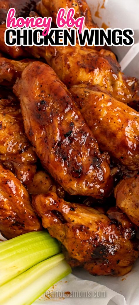 This sticky, sweet wing sauce is the secret to the best Honey BBQ Chicken Wings your friends and family have ever tasted! #Realhousemoms #honeybbq #wings #appetizer #bbq #chickenwings #appetizer #gameday #footballsunday #potluck Honey Sauce For Chicken, Honey Bbq Wings Recipe, Chicken Wing Sauce Recipes, Bbq Wings Recipe, Grilled Chicken Wings Recipe, Sticky Chicken Recipe, Honey Bbq Chicken Wings, Bbq Chicken Wings Recipe, Honey Bbq Wings