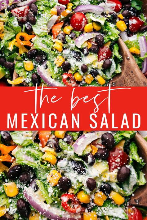 Our favorite Mexican Salad is loaded with black beans, corn, onions, peppers, and tomatoes. Drizzle on our fave cilantro-lime dressing and dig in! #best #quick #easy #simple #dinner #mexicansalad Mexican Fiesta Salad, Chopped Mexican Salad, Mexican Dinner Salad, Mexican Salad Recipes Healthy, Mexican Black Bean Corn Salad, Mexican Arugula Salad, Salads To Serve With Mexican Food, Best Mexican Salad Recipes, Mexican Inspired Salad Dressing