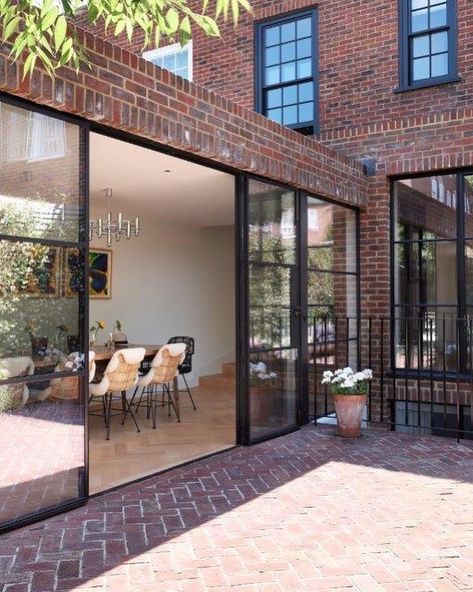 Brick House Extension Ideas, Contemporary Red Brick House, Red Brick House Black Windows, Red Brick Extension, Brick Garden Room, 1930s House Extension, Black Windows Exterior, Red Brick House Exterior, Brick Extension