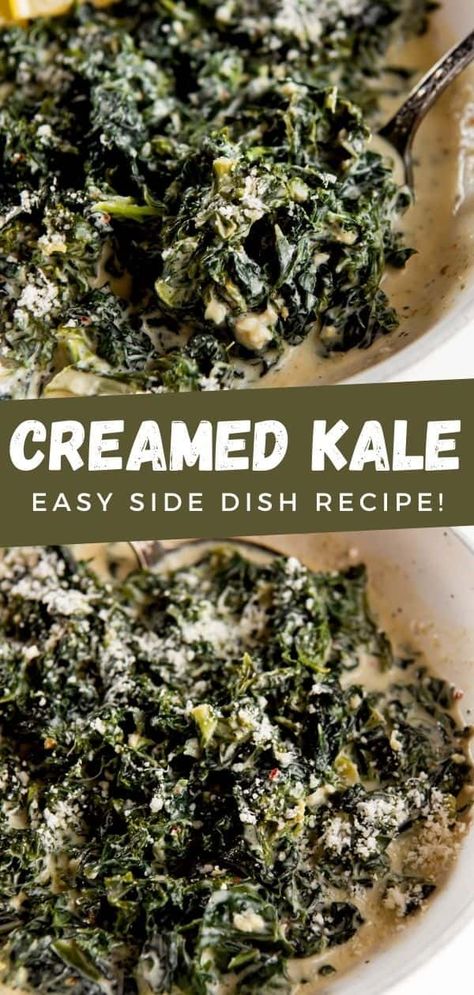 This easy creamed kale recipe comes together in less than 30 minutes with hearty fresh kale and a creamy sauce. Top it with optional cheese. Cooked Kale Recipes, Kale Side Dish, Easy Kale Recipes, Cooked Kale, Kale Dishes, Nutritional Tips, Most Nutritious Vegetables, Side Dish Ideas, Creamed Kale