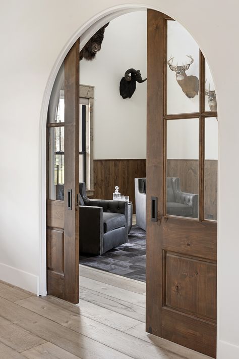 Big Doors Interior, Cool Office Doors, Doors For Arched Doorways Interiors, Doors For Large Opening, Corner Doors, Door To Kitchen, Round Sliding Door, Library Glass Doors, Arched Office Doors