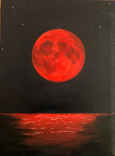 Moon Painting Realistic, Light In The Darkness Painting, Aesthetic Red Painting Ideas, Dark Red Painting Aesthetic, Red Background Painting Easy, Red Moon Painting Acrylic, Red Paintings Easy, Nighttime Paintings Easy, Red Canvas Painting Ideas Easy