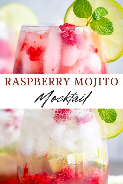 Non Alcohol Mojito, Pink Drinks Mocktail, Raspberry Lime Mocktail, Mocktails Mojito Non Alcoholic, Raspberry Mojito Mocktail, Raspberry Mocktail Non Alcoholic, Mock Mojito Recipe, Mocktail For A Crowd, Mocktails Non Alcoholic Pink