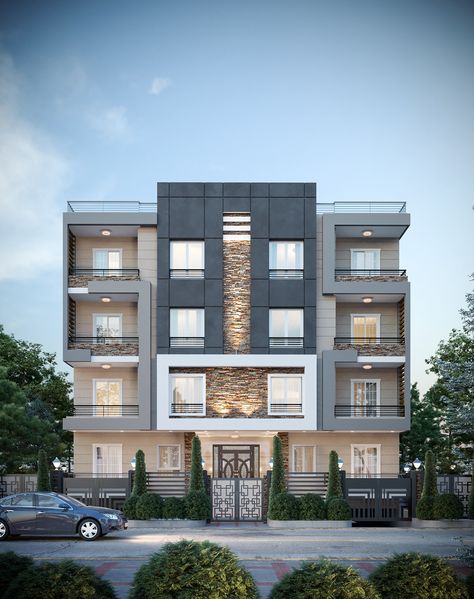 Small Residential Building Facade, Four Storey Apartment Building, 3 Storey Residential Building Design, Four Storey Building Design, New Classic Residential Building, Facade Design Apartment Building, Exterior Residential Building, Apartment House Design Exterior, Alucobond Design Ideas