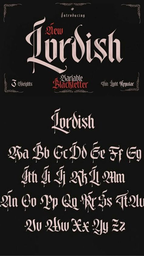 Lordish Blackletter Font by creativemedialab Font fonts #font #fonts 3.894 Unique Lettering Tattoo, Artistic Fonts Alphabet, Gothic Hand Lettering, Dark Lettering Tattoo Fonts, Gothic Font Alphabet, Gothic Lettering Tattoo, Goth Fonts, Blackletter Tattoo, Calligraphy Tattoo Design