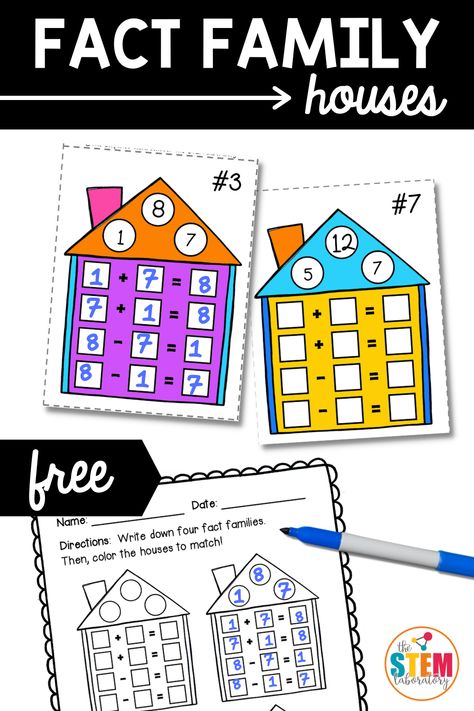 Fact families are a great visual for helping children see the connection between addition and subtraction. Add these fact family houses to your math center! #factfamilies #STEM #firstgrade #iteachfirstgrade Math Fact Families First Grade, 1st Grade Stem Activities Free, Number Family Worksheets, Fact Families Kindergarten, Addition Fact Families, Math Fact Families, Fact Families 2nd Grade, Addition And Subtraction Worksheets 1st, Fact Family Anchor Chart