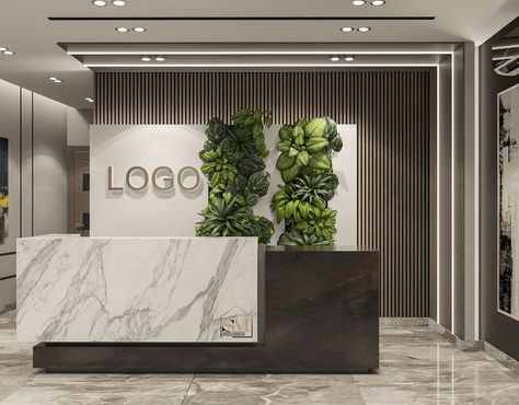 Office Reception Table Design Modern, Company Name Wall Design, Reception Office Design Modern, Reception Interior Design Office, Front Reception Desk Ideas, Corporate Office Reception Design, Recepsionis Design, Showroom Reception Design, Entrance Office Design