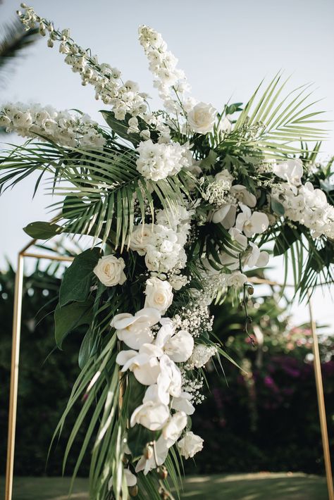 Wedding Flower Arrangements Tropical, Tulum Style Wedding Decor, White And Blue Tropical Bouquet, Modern Tropical Wedding Florals, Wedding Flowers For Arch, All White Tropical Wedding, Jungle Wedding Flowers, Coconut Leaves Decoration Wedding, Tropical Ceremony Flowers