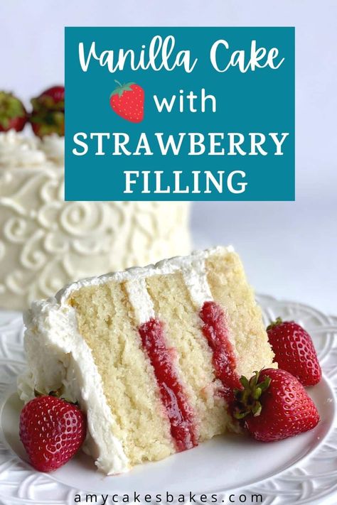 This bakery recipe makes an incredibly moist vanilla cake with strawberry filling. It starts with soft, fluffy cake layers, easy fresh strawberry compote, and creamy vanilla buttercream. It makes a beautiful strawberries and cream cake, perfect for Valentine's Day and other special occasions. Get more made-from-scratch bakery recipes at amycakesbakes.com! Essen, Vanilla Cake With Strawberry Filling, Cake With Strawberry Filling, Strawberry Layer Cakes, Strawberry Cake Filling, Strawberry Vanilla Cake, Moist Vanilla Cake, Strawberry Shortcake Cake, Cake Filling Recipes