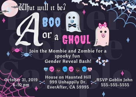 Gender Reveal October, Halloween Gender Reveal Invitations, Spooky Gender Reveal Ideas, Cute Gender Reveal, Halloween Themed Party, Halloween Gender Reveal, Cute Gender, Halloween Invite, Shower Items