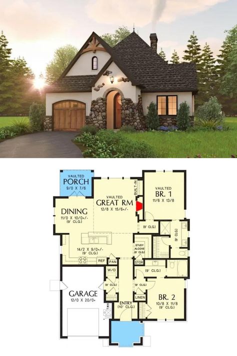 1,200 Sq Ft Storybook Cottage-Style House Plan with 2 Bedrooms and Single Garage (Single-Story) Cottage Layout, Cottage Floor Plan, Cottage Flooring, Cottage Floor Plans, Sims 4 House Plans, 2 Bedroom House Plans, Cottage Style House Plans, Garage Floor Plans, Storybook Cottage