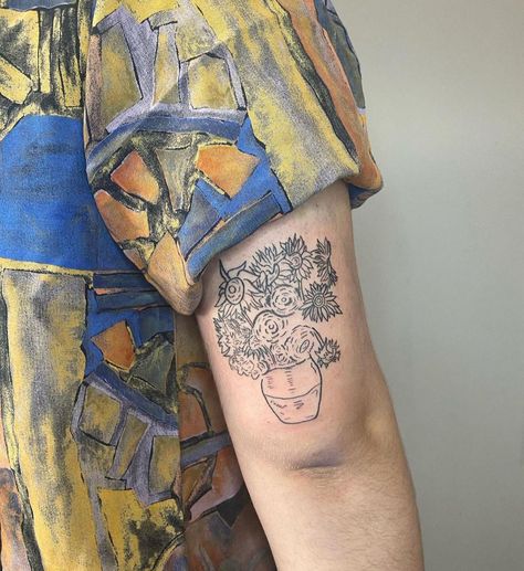 Sunflowers Van Gogh Tattoo, Vincent Van Gogh Tattoos, Van Gogh Flowers Tattoo, Van Gogh Tattoo Ideas, Van Gogh Sunflower Tattoo, Vincent Van Gogh Tattoo, Van Gogh Tattoos, Monet Tattoo, Church Tattoo