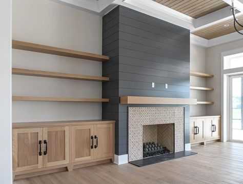 River City Custom Cabinetry on Instagram: “Beautiful white oak cabinetry and floating shelves. 🤩 @rivercitycustomcabinetry @lisaginteriordesign @architecturalclassics . . . . . . .…” Light Wood Built Ins Around Fireplace, Cabinets And Shelves By Fireplace, Floating Shelves Over Built In Cabinet, Tv In The Living Room Ideas, White Oak Built In Tv Cabinet, White And Wood Built Ins, One Side Built In Next To Fireplace, Fireplace Tv Built In Shelving, Fireplace Built Ins Floating Shelves