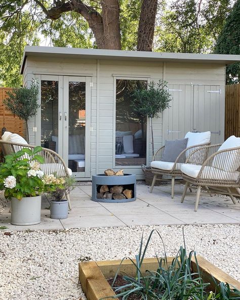 S U M M E R H O U S E ☀️ We have nearly finished this area of the garden now, and the new finishing touches of the gorgeous furniture from… | Instagram Patio With Shed Ideas, Wooden Garden Room, Garden Room And Shed, Painted Summer House, Garden With Summer House, Garden Annexe Ideas, Garden Decking Ideas Layout, Crescent Nails, Garden Summer House Ideas