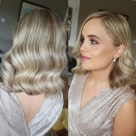 Shoulder Length Blonde Bridal Hair, Retro Waves Medium Hair, Wedding Mid Length Hairstyles, Short Blonde Bridal Hair Down, Wedding Waves Short Hair, Wavy Lob Wedding Hair, Waves On Mid Length Hair, Glam Curls Short Hair, Hollywood Waves Bob Hair