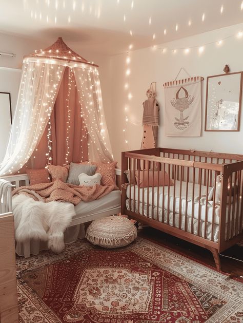 Boho Chic Nursery: Whimsical Fairy Lights and Gauzy Curtains Fairy Lights Nursery, Nursery Ideas Cozy, Nursery Ideas Fairy, Chic Nursery Ideas, Gauzy Curtains, Pink Boho Nursery, Nursery Whimsical, Boho Baby Girl Nursery, Boho Nursery Girl