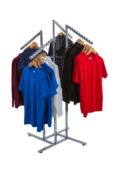 Garment display rack with four arms Cloth Stand For Shop, Cloth Stand Design, Clothing Racks For Boutique, Cloth Rack Ideas, T Shirt Rack, Clothes On A Rack, Wardrobe Industrial, Clothing Shop Interiors, Clothing Booth Display