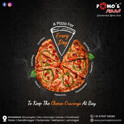 A pizza for every day to keep the cheese cravings at bay. #unlimited #unlimitedfood #pizza #garlicbread #lunch #dinner #restaurant #pizzarestaurant #pizzatime #food #unlimitedpizza #pomospizza #Ahmedabad Monster Pizza, Creative Pizza, Pizza Poster, Coffee Advertising, Foodie Pics, Dinner Restaurant, Business Branding Inspiration, Real Estate Marketing Design, Adobe Photoshop Design