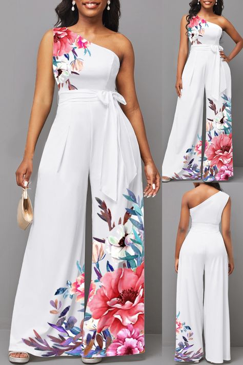 Step into elegance with our Floral Print Tie Belted White Jumpsuit! This long, one-shoulder beauty is perfect for any occasion, offering a chic and sophisticated look. 🌟  Floral Print: Trendy and timeless Tie Belted Waist: Accentuates your curves One Shoulder Design: Unique and stylish Versatile: Ideal for both casual and formal events  #FashionTrends #OOTD #WhiteJumpsuit #ChicStyle #SummerFashion #ElegantOutfit #StyleInspo #TrendyLook #WardrobeEssentials #Fashionista Girls Graduation Dresses, Jumpsuit Outfits, Floral Print Jumpsuit, One Shoulder Jumpsuit, Graduation Dresses, Print Jumpsuit, Jumpsuit Outfit, Long Trousers, White Jumpsuit