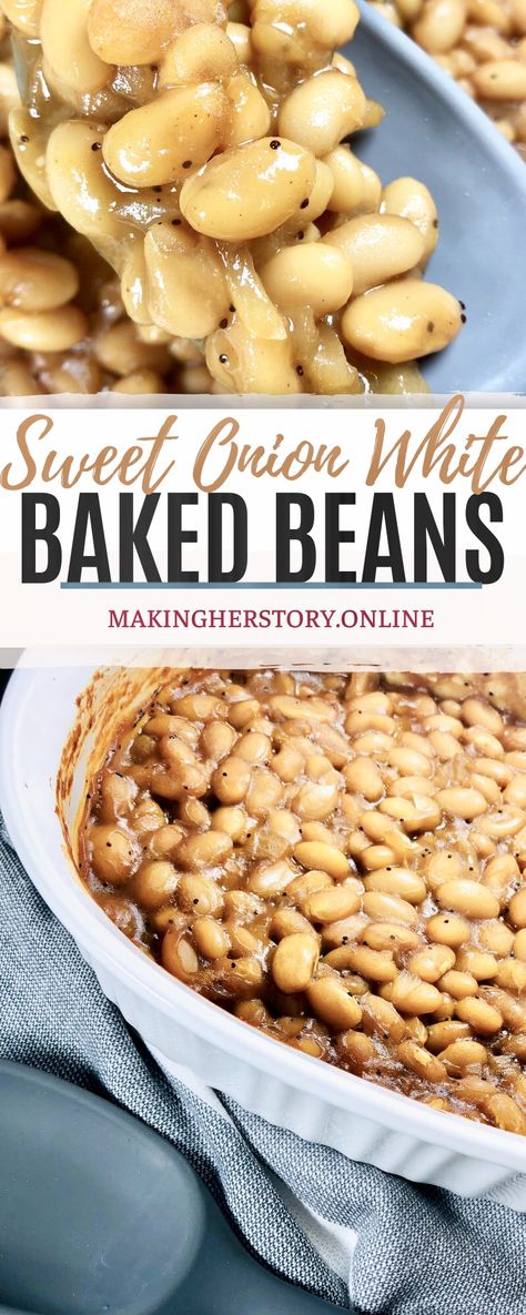 Sweet Onion Baked Beans; add some class to your Baked beans! Recipes With Northern Beans, Bean Soup Slow Cooker, October Meal Plan, Healthy Baked Beans, Vegetables Breakfast, Starch Sides, Breakfast Beans, Breakfast Salads, Easy Baked Beans