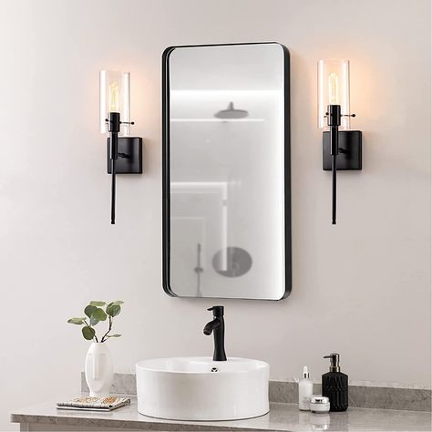 KAWOTI Modern Indoor Wall Sconce Lighting Set of 2 Black Sconces Wall Decor Set of 2 Interior Bedroom Wall Sconces with Clear Glass Shade - - Amazon.com Master Bath Mirrors And Lighting, Black Bathroom Sconces, Black Bathroom Light, Bronze Decor, Bathroom Makeovers, Black Sconces, Sconces Bathroom, Renovation Inspiration, Primary Bathroom