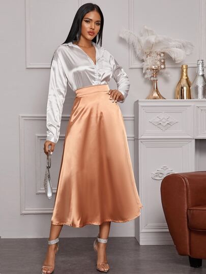 Gold Satin Skirt, Ladies Frock Design, Satijnen Blouses, Rok Outfit, Outfit Elegantes, Elegant Dresses Classy, Classy Dress Outfits, Satin Blouses, Fashionista Clothes