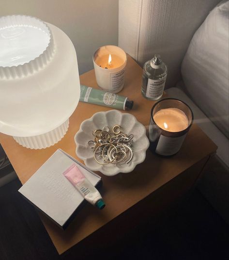 Room Inspo Night, Margiela Candle, Night Stand Decor, Maison Margiela Perfume, Jewerly Trays, Table Tray Decor, Replica Perfume, Bedside Tray, Cute Lamp