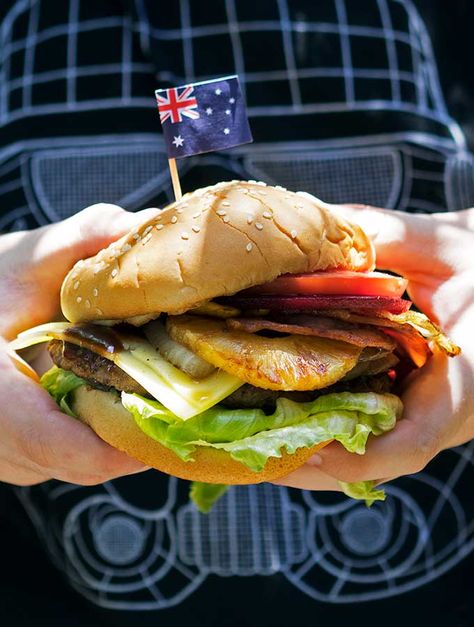 The Aussie Burger is a national icon, close to many Australians’ hearts and stomachs. Beetroot is a must, but ia a true Aussie burger with the lot or not? #australia #burger #pineapple #bacon Traditional Australian Food, Australian Bbq, Aussie Food, Australia Food, Australian Food, Hamburger Recipes, Best Appetizers, Burger Recipes, Photographing Food