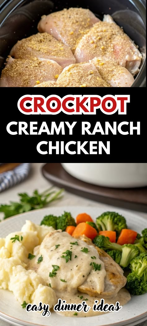 Looking for easy chicken crockpot dump recipes? Try this Crock Pot Creamy Ranch Chicken that's made with a Crockpot Ranch Chicken recipe and only takes a few ingredients. Whether you love Chicken Breast Crockpot Recipes or prefer Crockpot Chicken Recipes Ranch Packet, this creamy, ranch-flavored dish is perfect for any night. Serve it over rice, mashed potatoes, or pasta for a satisfying dinner! Recipe With Ranch Seasoning, Simple Crockpot Chicken Recipes, Creamy Chicken Sauce, Simple Crockpot Chicken, Easy Chicken Crockpot, Crockpot Ranch Chicken, Creamy Ranch Chicken Recipe, Creamy Sauce For Chicken, Ranch Chicken Crockpot