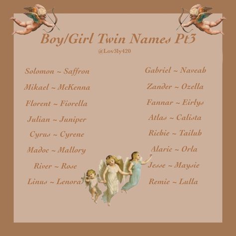 Boy/Girl Twin Names Pt3 *⚠️These names weren’t made with the intention for children, simply just based off a theme and can be used for purposes such as character creation, story writing etc⚠️* Twin Names Aesthetic, Twins Boy And Girl Names, Fantasy Twin Names, Twins Names Boy And Girl, Baby Twin Names, Twin Name Ideas, Twin Names Boy And Girl, Duo Names, Triplet Names