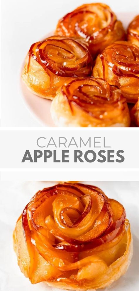 Apple Roses Puff Pastry Recipe Apple Roses Dessert, Apple Blossom Puff Pastry, Mini Apple Roses Puff Pastry, Cinnamon Roll Apple Roses, Apple Flowers Dessert, Caramel Apple Tartlets Recipe, Apple Rose Tartlets, Apple Rose Tart Recipe, Rose Apple Tart Recipe