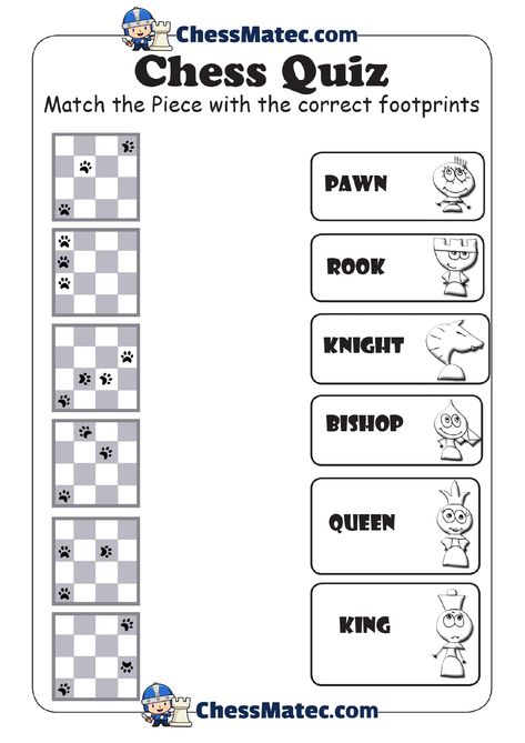 Chess Pieces - Chess Quiz - Match the pieces with its move ChessMatec.com - Play & Learn Chess for kids learning platform For more Worksheets visit our website and resources. www.chessmatec.com Chess Activities For Kids, Chess Worksheets, Chess For Kids, Chess Party, Learning Chess, Beginner Chess, Chess Tricks, Chess Rules, Chess Online